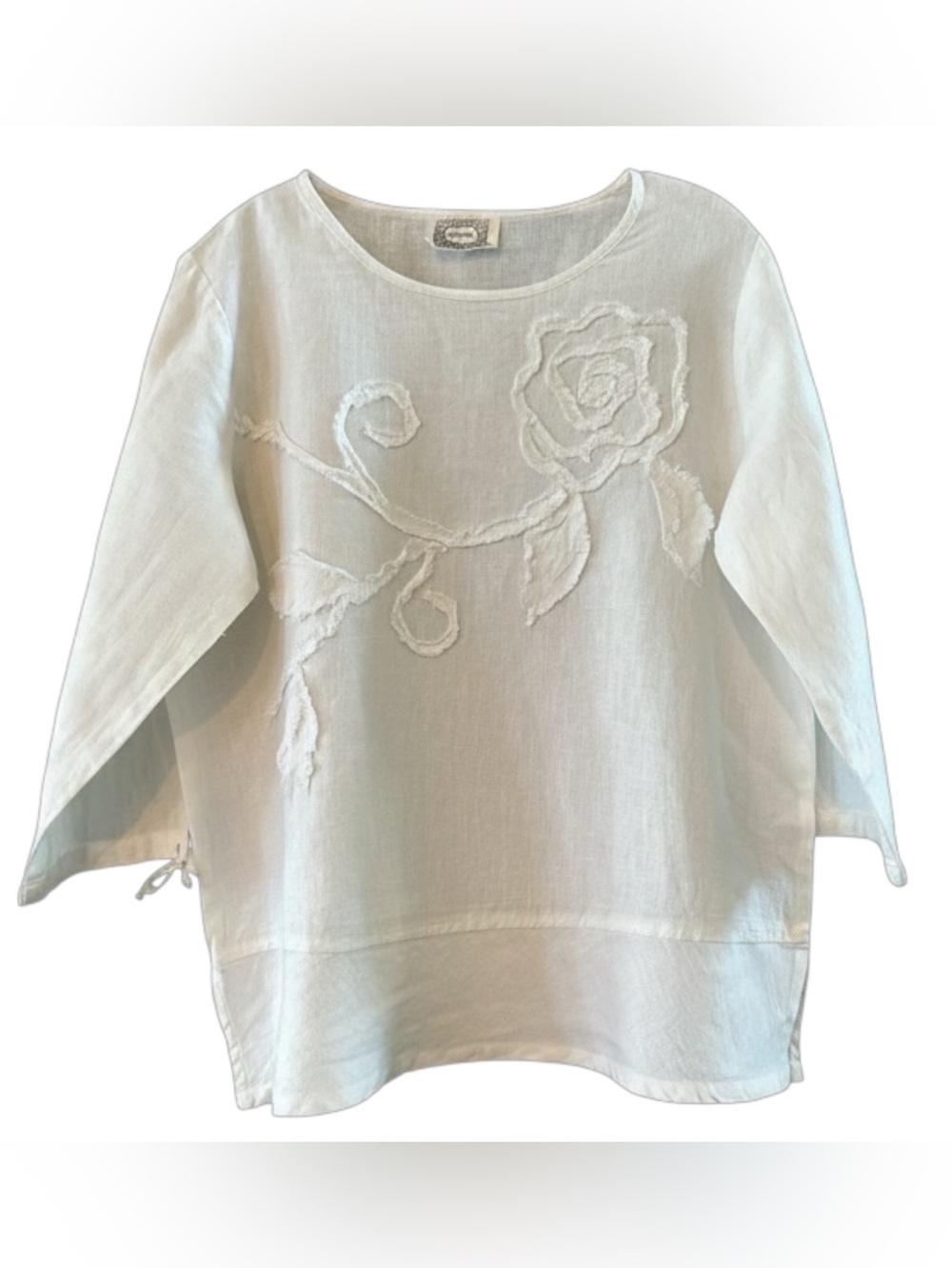 Paper Lace White Linen Rose Appliqué Tunic Top
